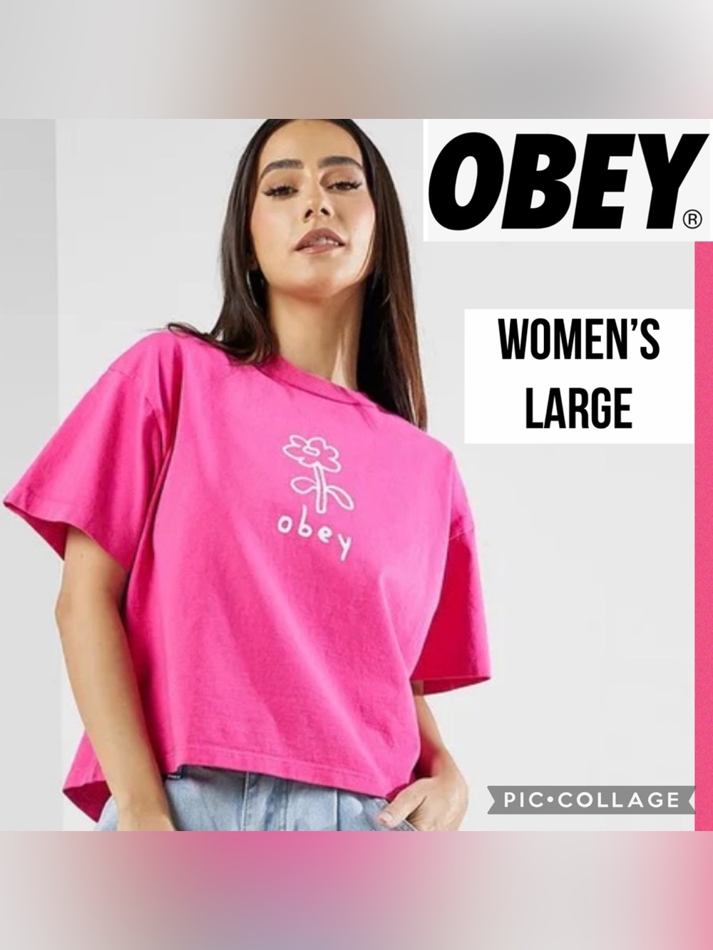 Obey Womens Shirt Pink Flower Doodle Cartoon Graphic Print Tee Short Sleeve L